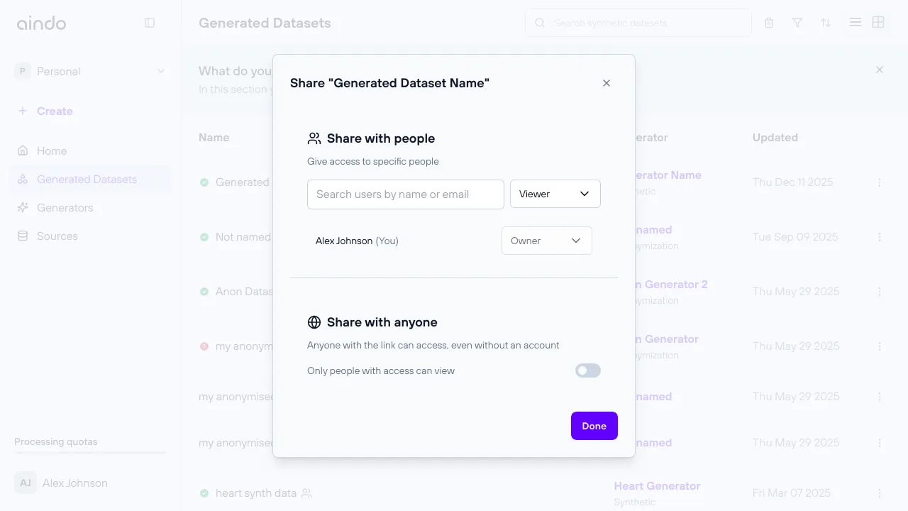Share generated dataset dialog